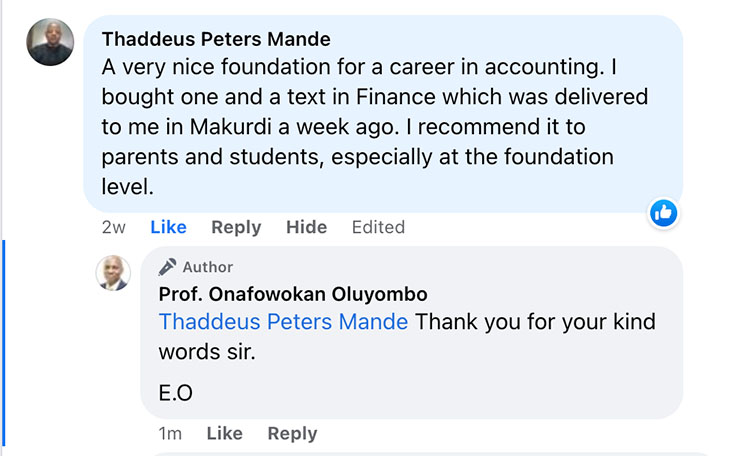 Student feedback about Prof. Oluyombo's textbooks