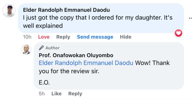 Customer testimonial about Prof. Oluyombo's textbooks